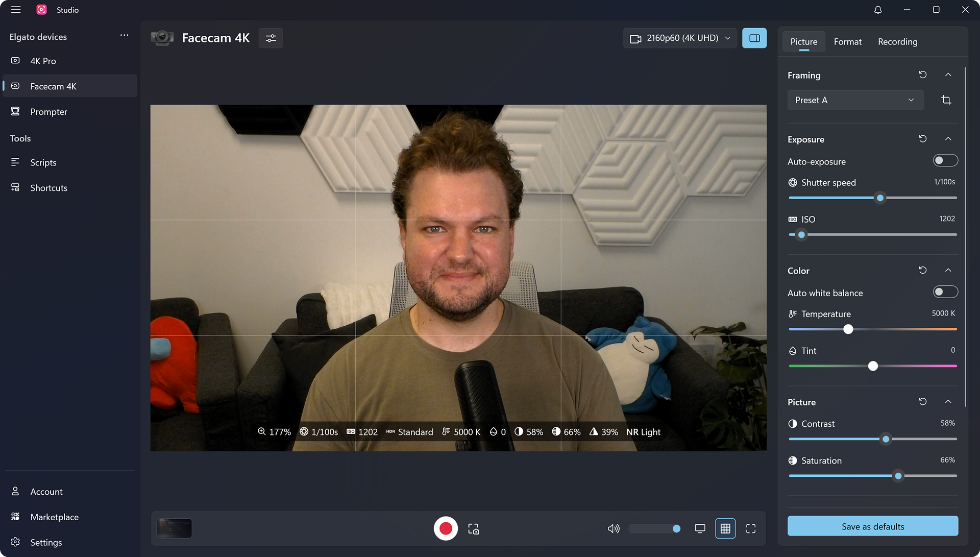 Camera settings in Elgato Studio