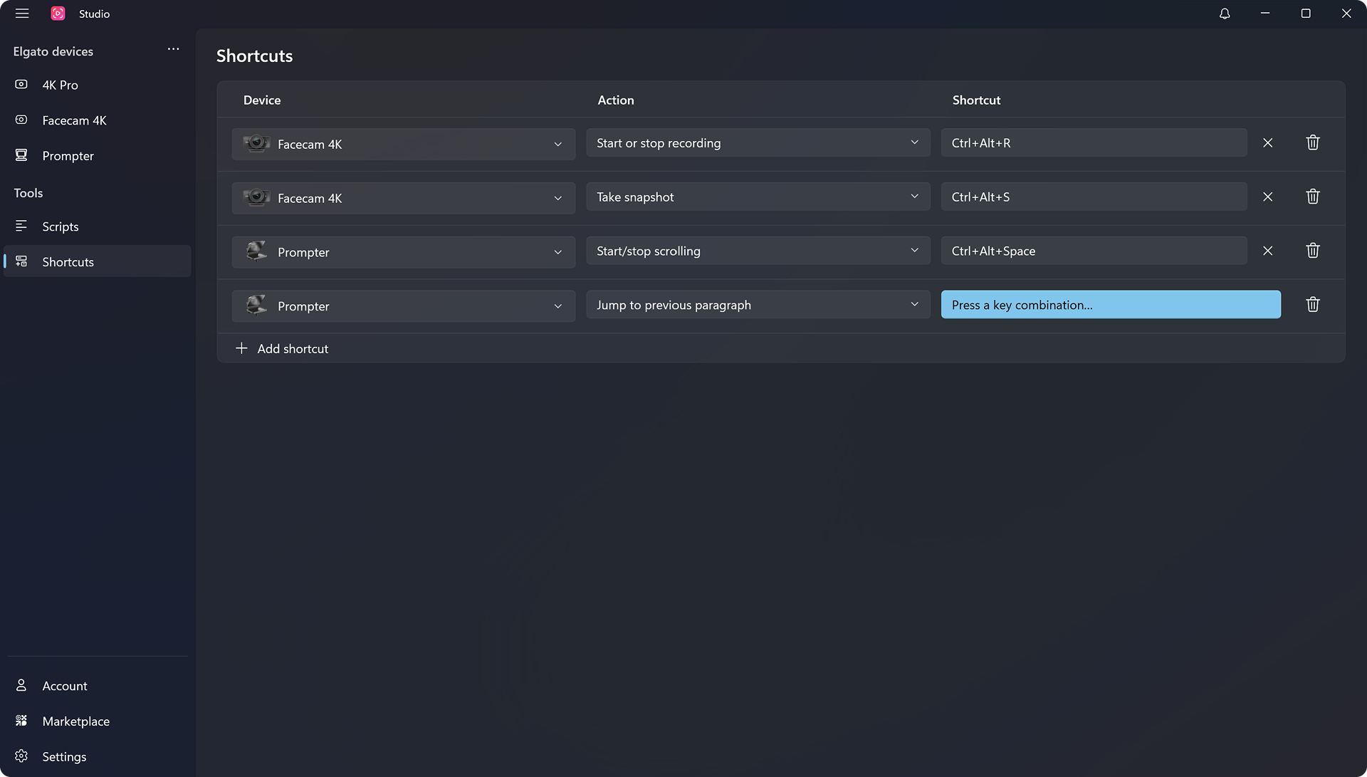 Shortcuts page in Elgato Studio